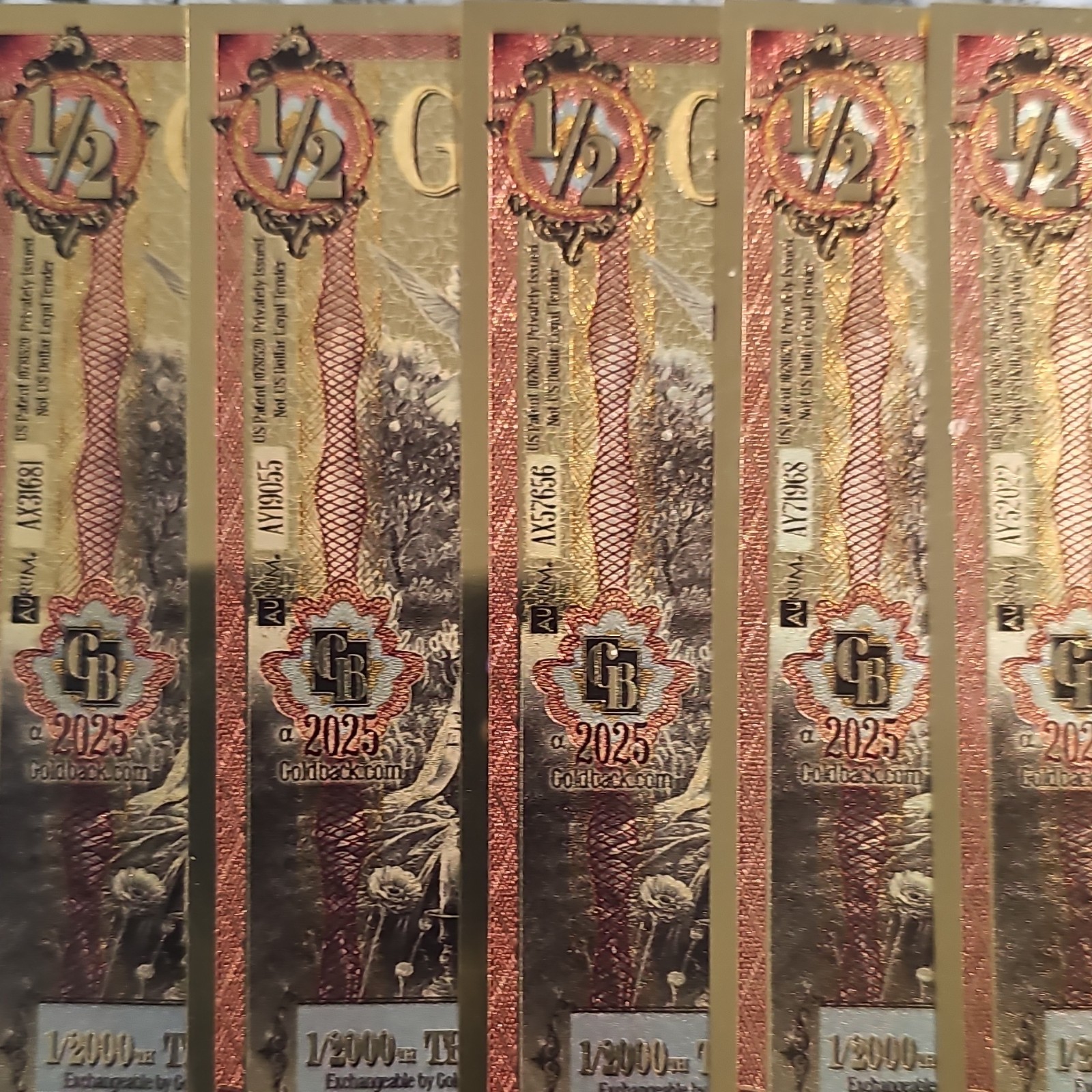 Goldback 2025 1/2 Gold Note Lot 20pcs 1/2000 oz .999 Gold Bar 20/2000 oz