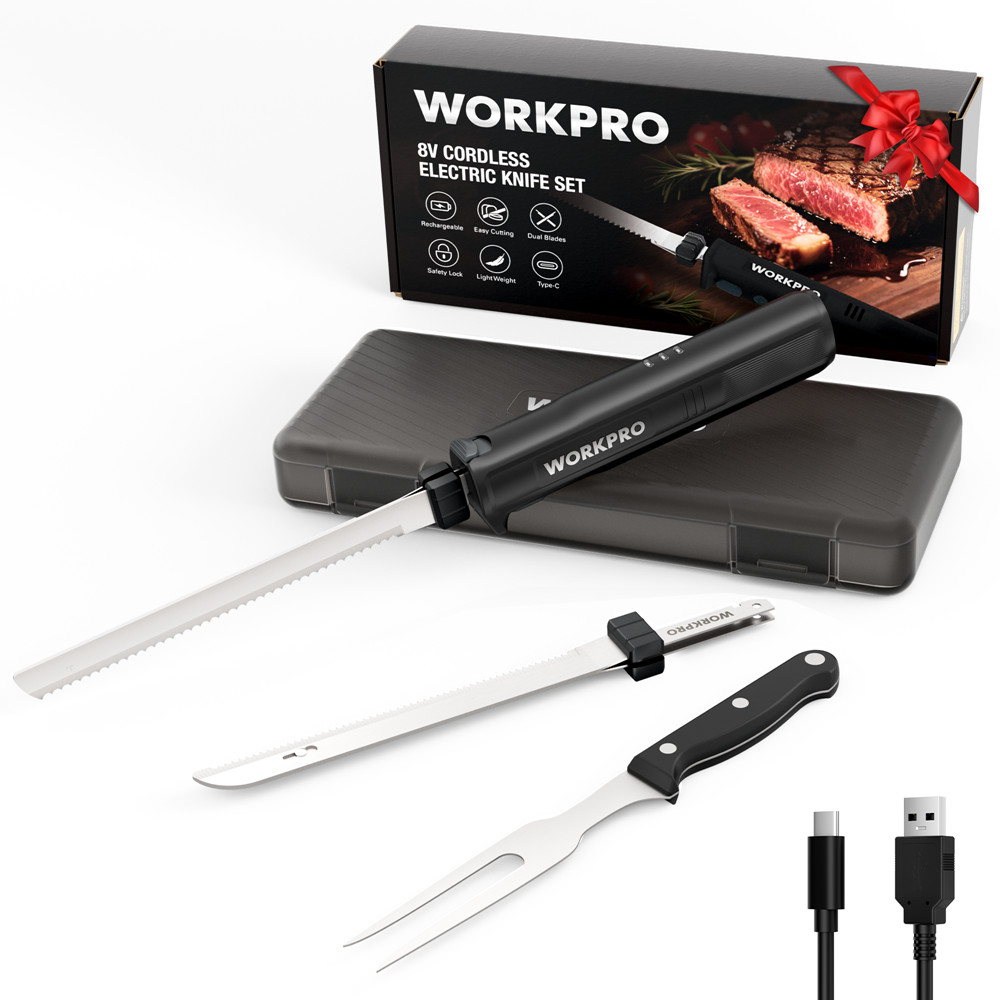 WORKPRO Cordless Electric Knife for Turkey Fish & Bread 2 Stainless Steel Blades