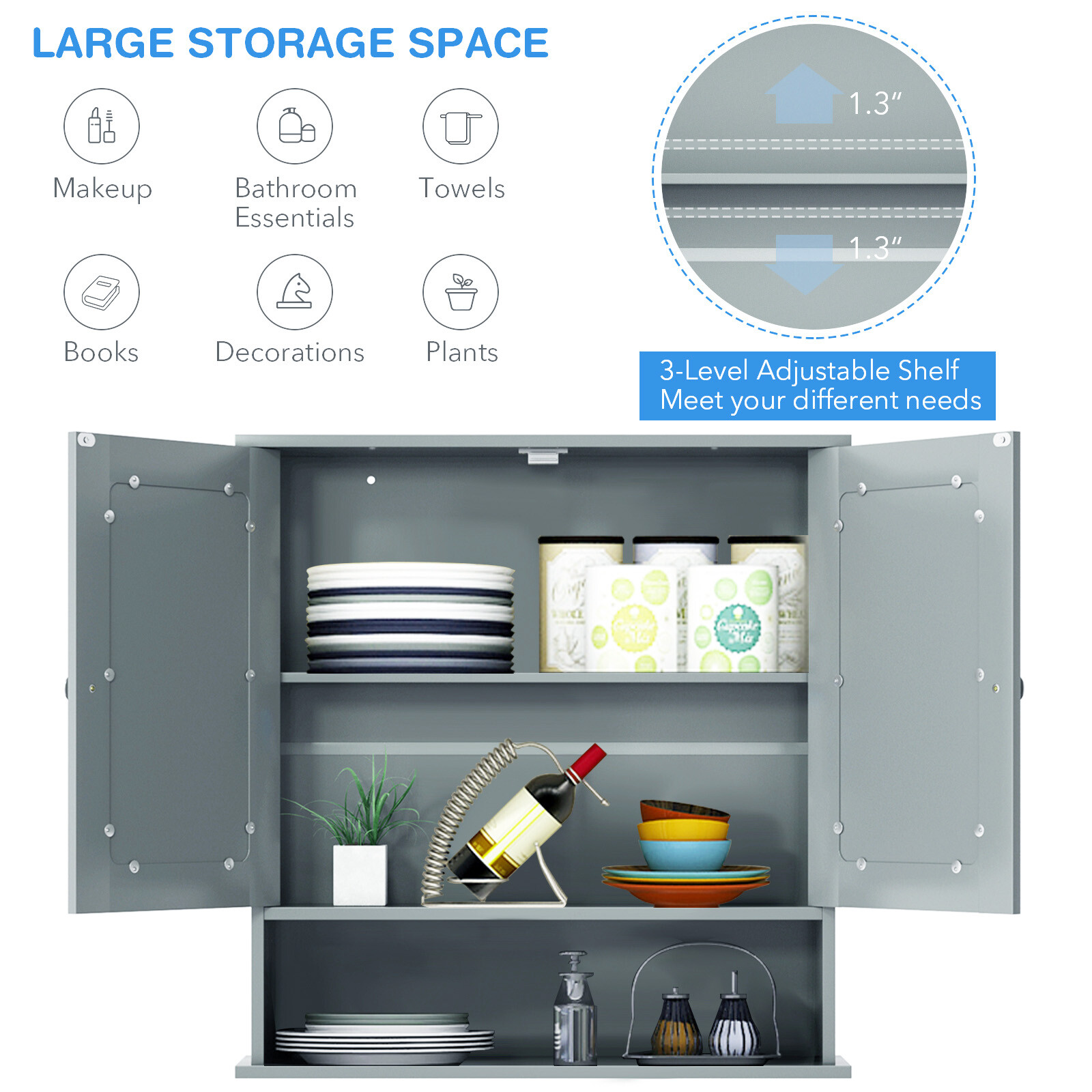 Costway Wall Mount Mirror Cabinet Bathroom Medicine Cabinet Organizer Grey