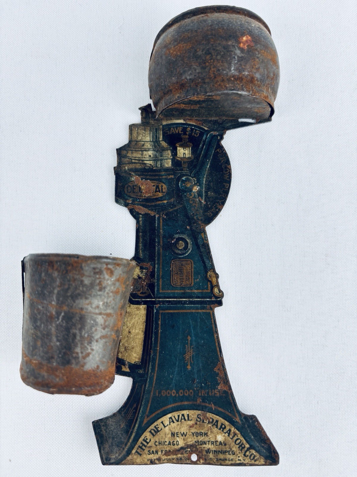 1908 De Laval Cream Separator Antique Advertising Tin Match Holder, 6.25" tall