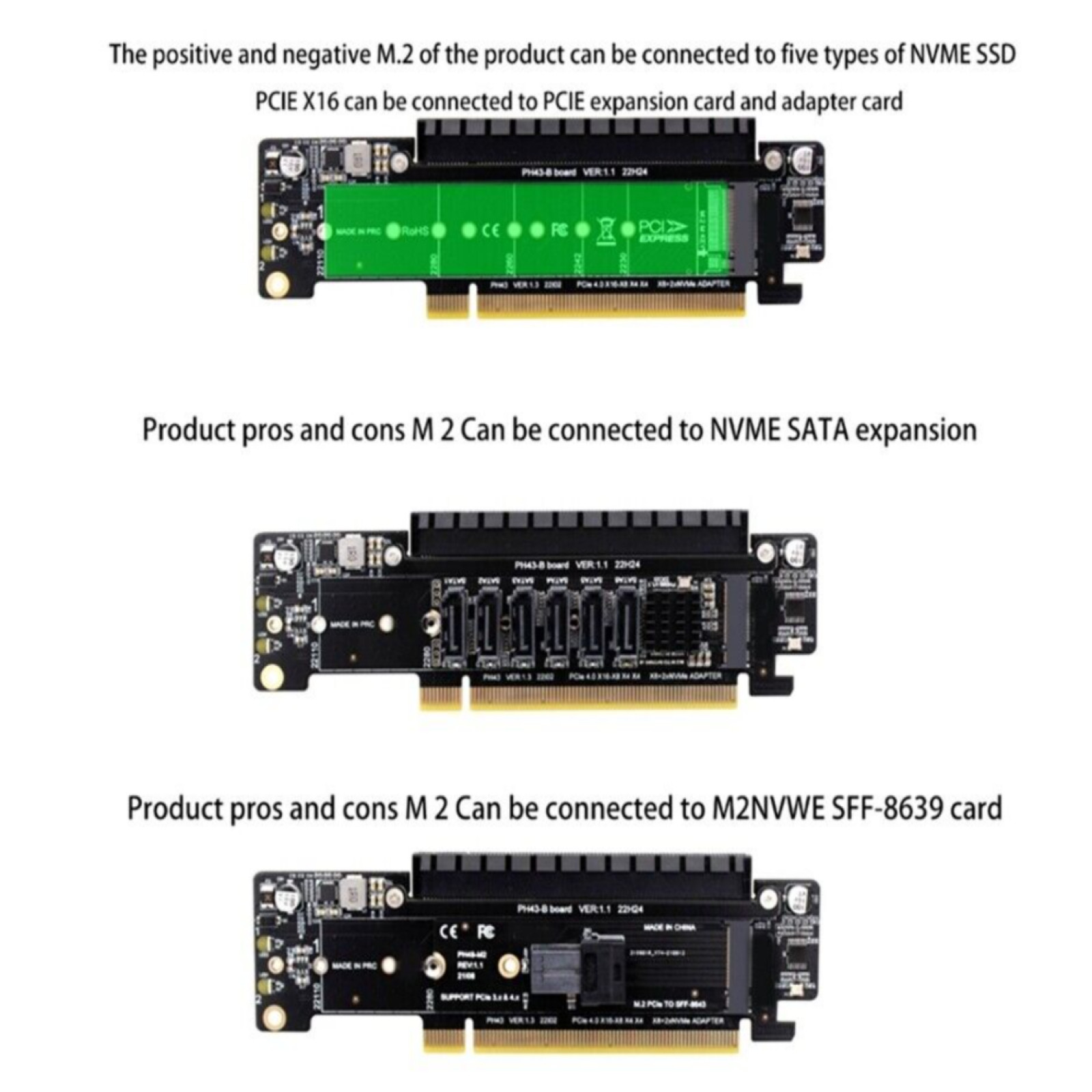 PCIE 4.0 x16 to x8+x4+x4 Expansion Riser Card M.2 NVME x2 Input Designed