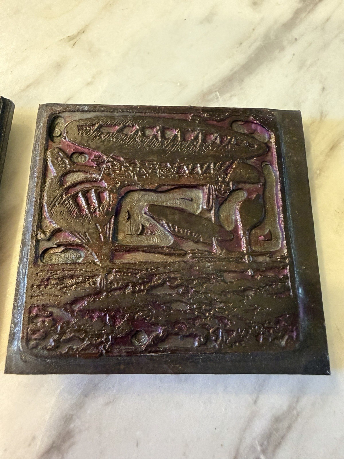 Pair Antique Letterpress Metal Printing Plates Farm Scene Industrial Machinery