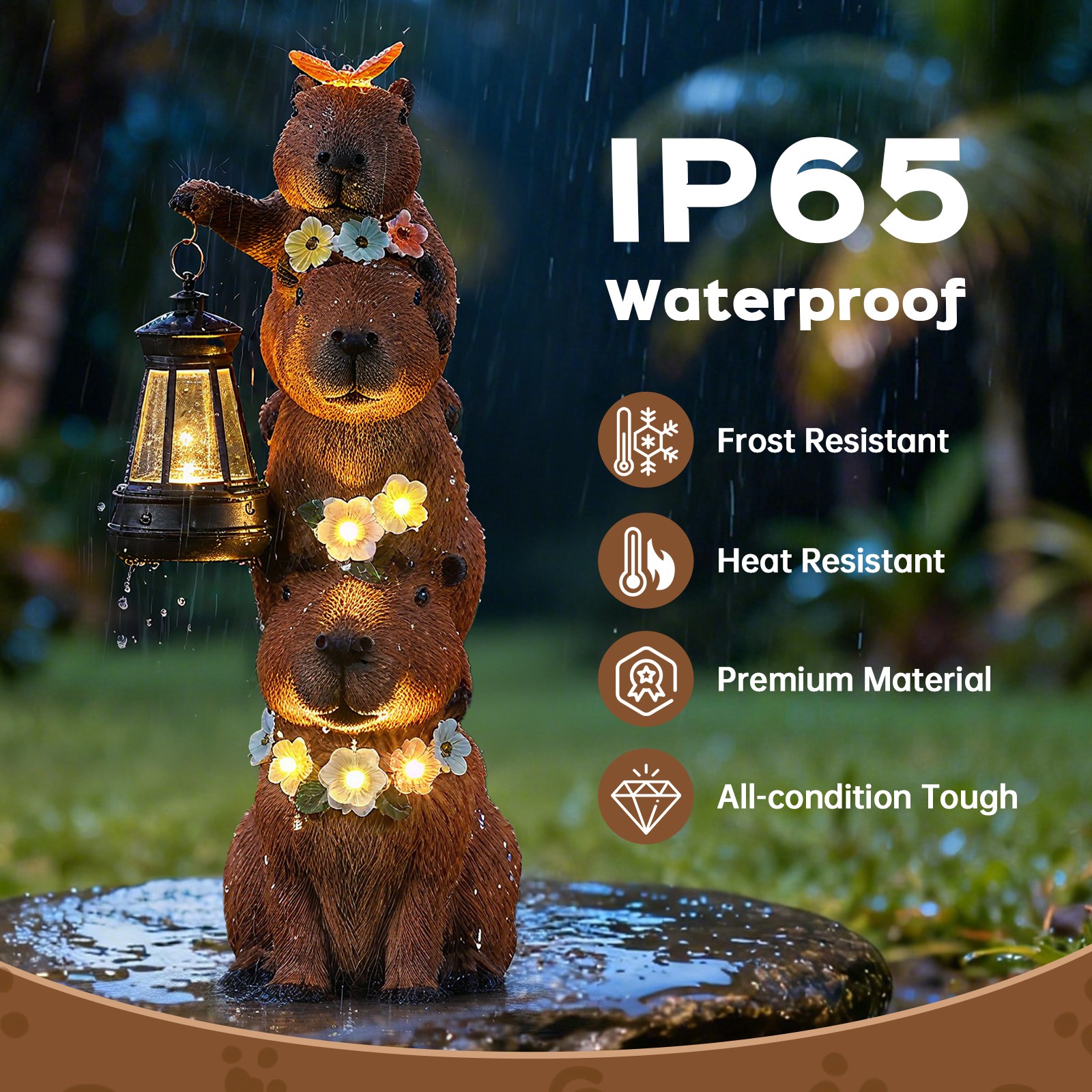Solar-Powered Capybara Statue with LED Lights & Flowers - Outdoor Decor