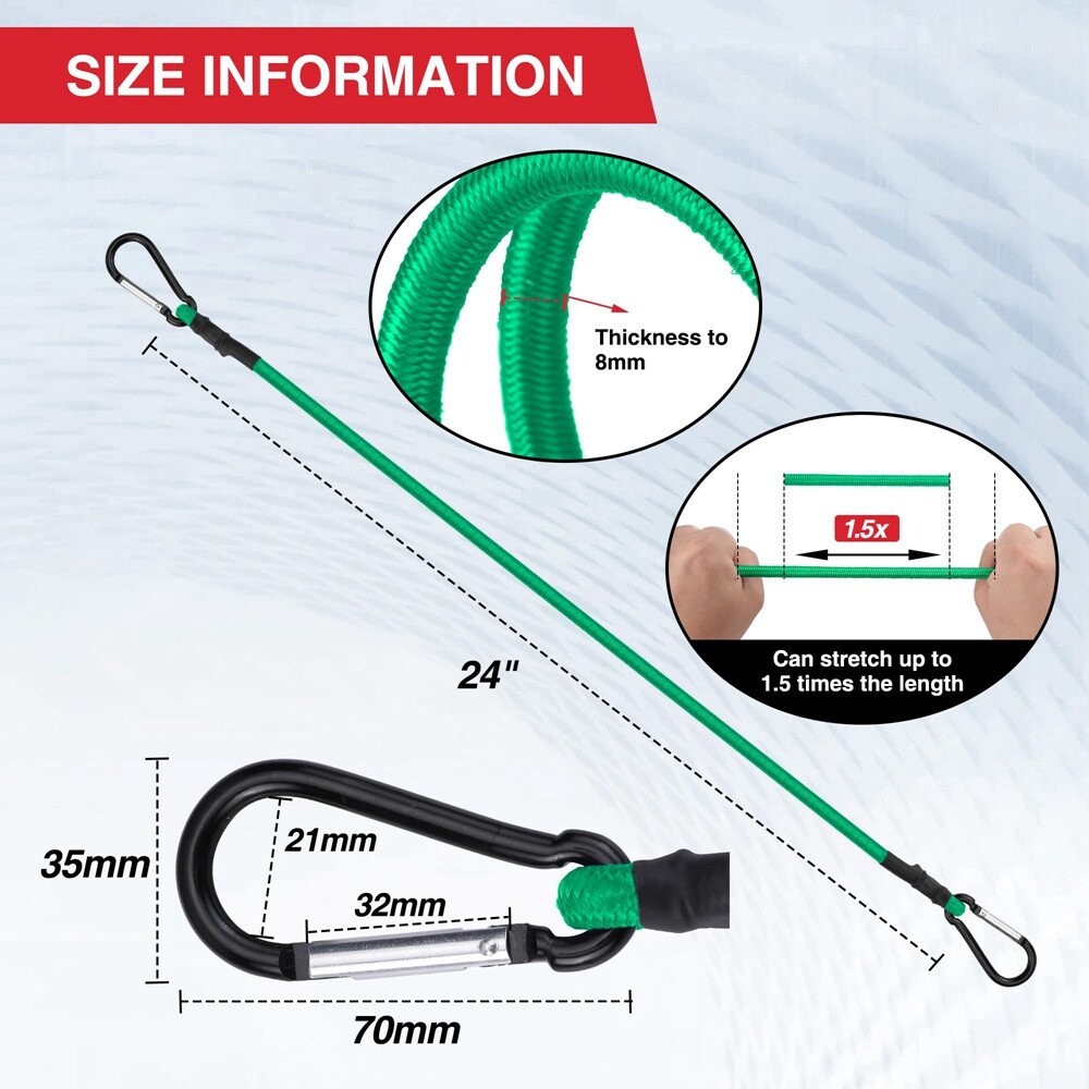 WORKPRO 24 Inch Bungee Cords with Hooks, 4 Pack Superior Rubber Heavy Duty Green