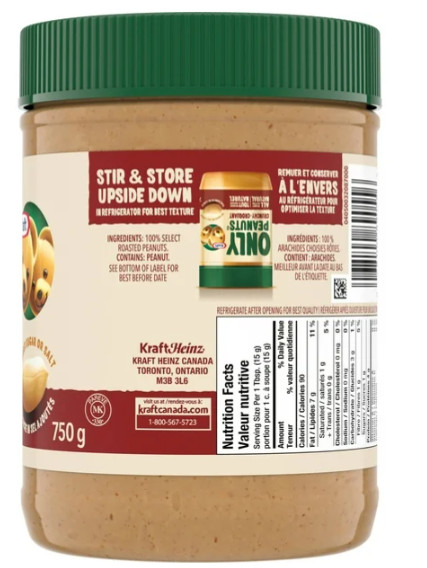 Kraft Only Peanuts All Natural Crunchy Peanut Butter, 750g (2 Pack)