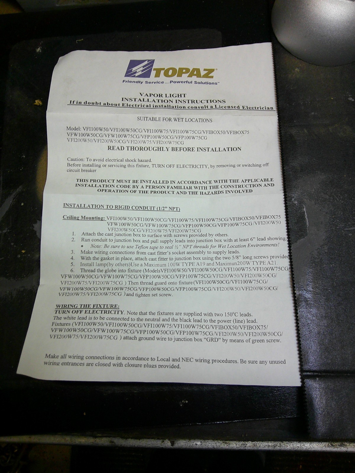 Vapor Proof Fixture Jelly Jar Wet Location Top Feed Topaz VF1100W75 1 pr 2 ttl