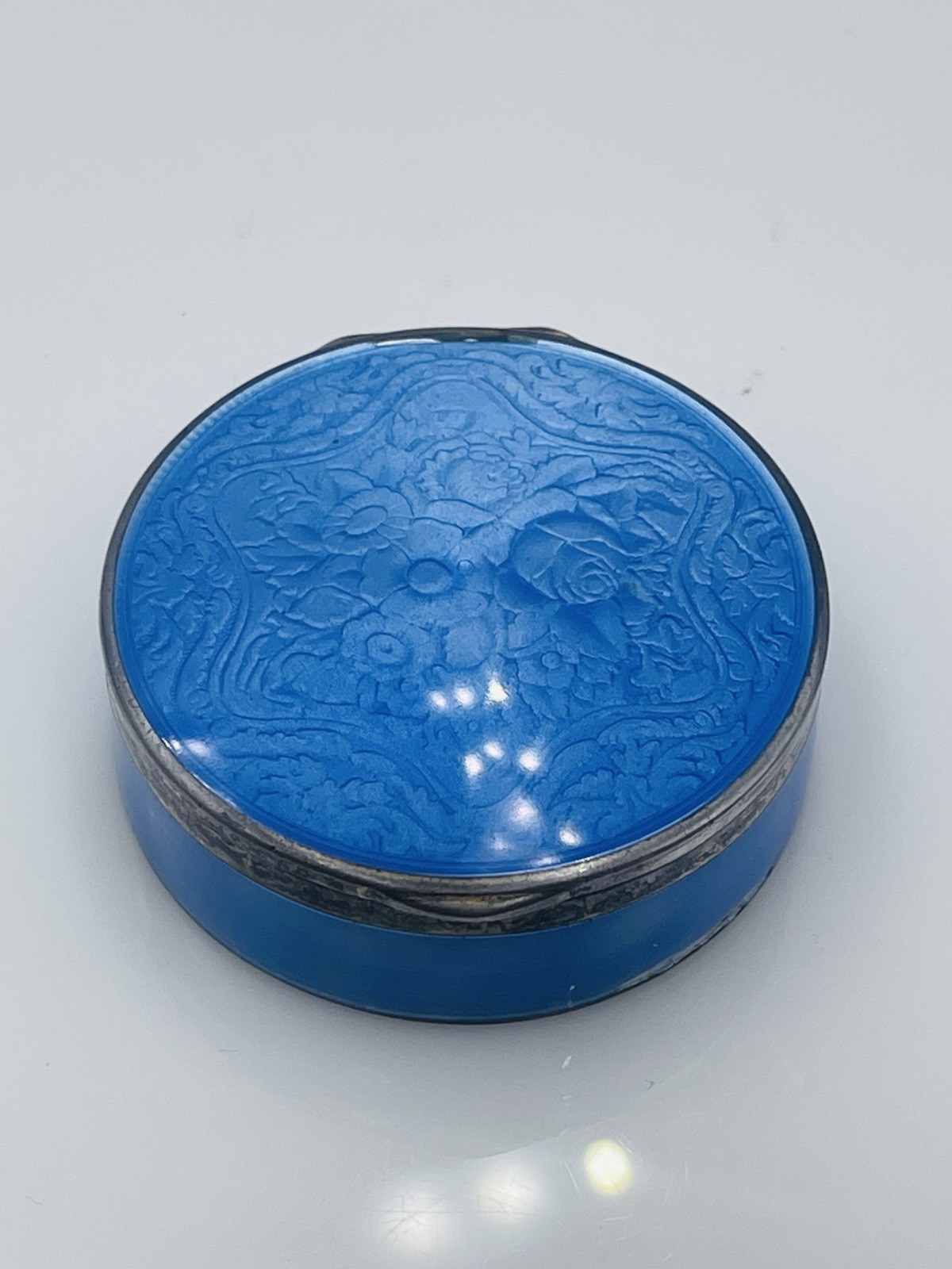 Antique 935 Sterling Silver Blue Enamel Guilloche Box