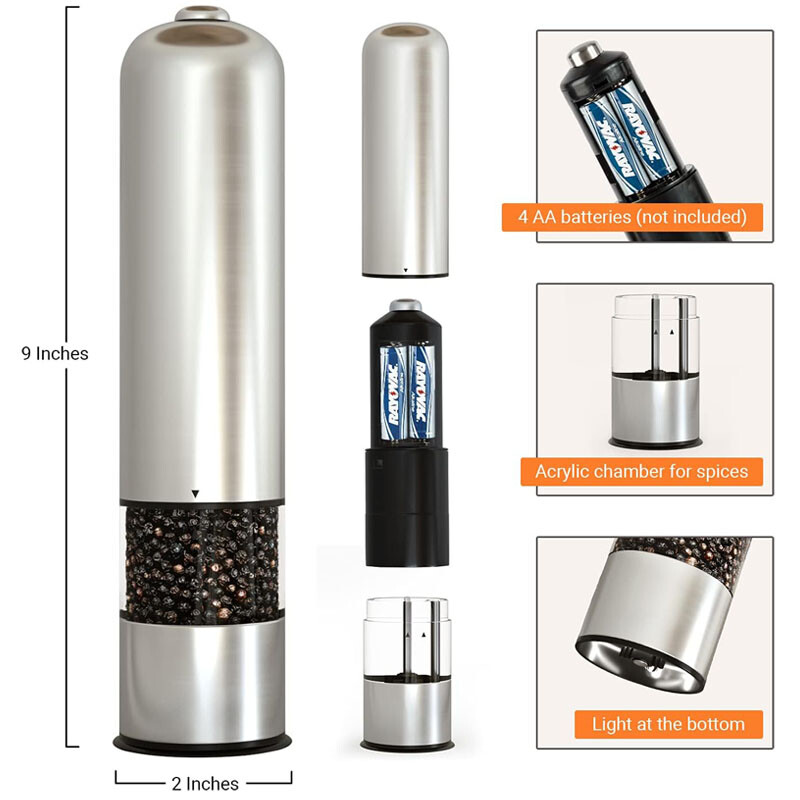 2PACK Adjustable Electric Salt Pepper Grinder Mill Shakers Set Stainless Steel✅