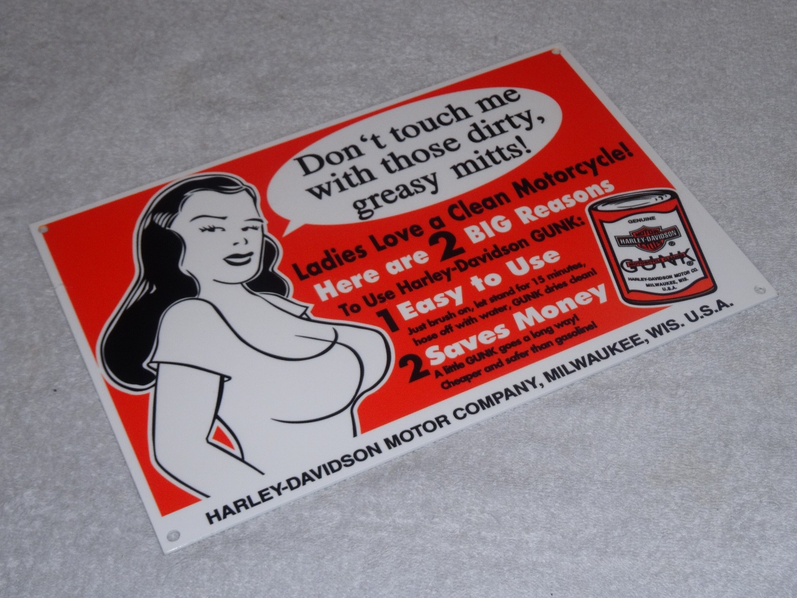 VINTAGE HARLEY DAVIDSON MOTORCYCLE GUNK WOMAN 12" MOTOR CYCLE GASOLINE OIL SIGN!