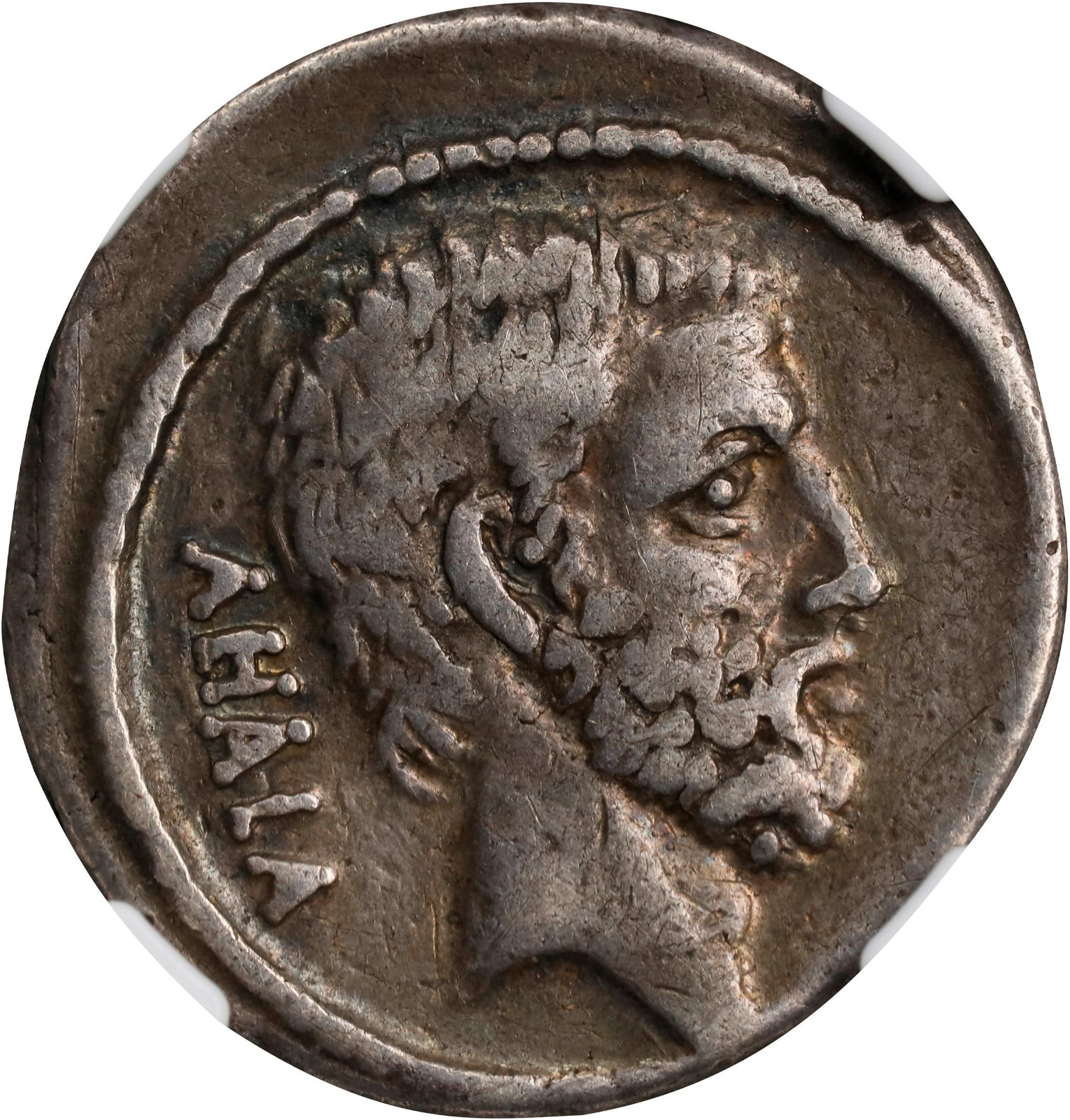 Brutus Denarius NGC Ch F Ancient Roman Republic Silver Coin 42BC Toned