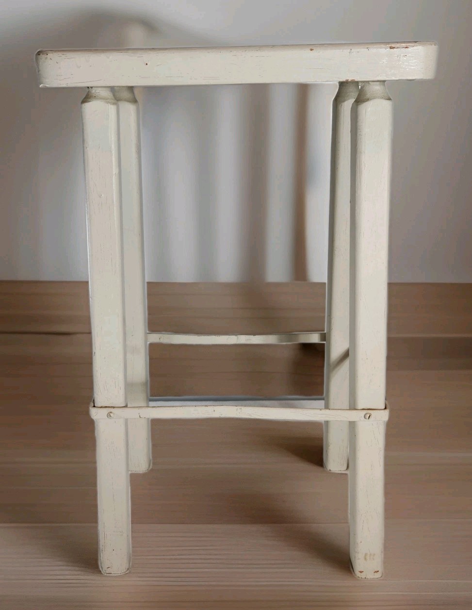 Rustic Chippy White Distressed Painted Wooden Tall Stool Seat Euro Farmhouse