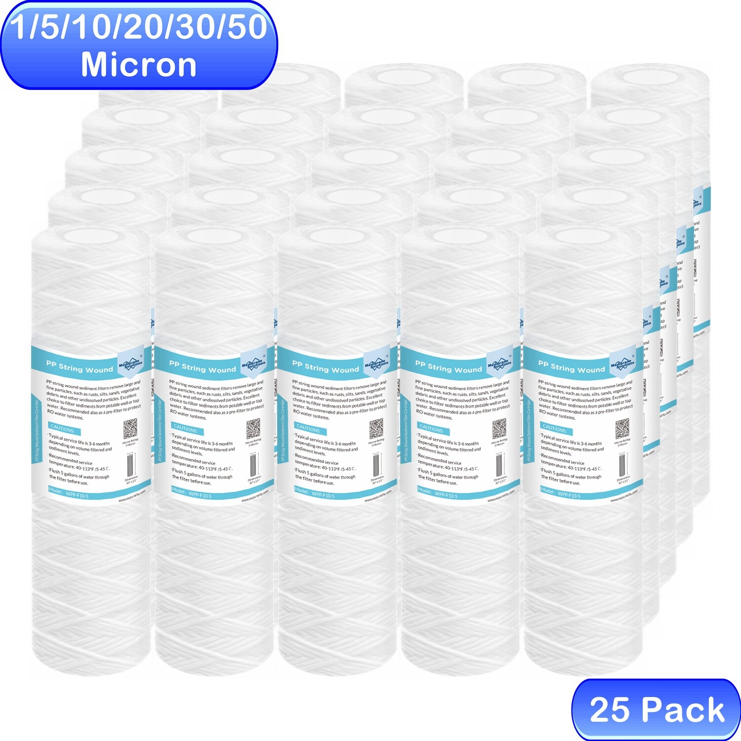 1/5/10/20/30/50 Micron 10" x 2.5" String Wound Whole House Sediment Water Filter