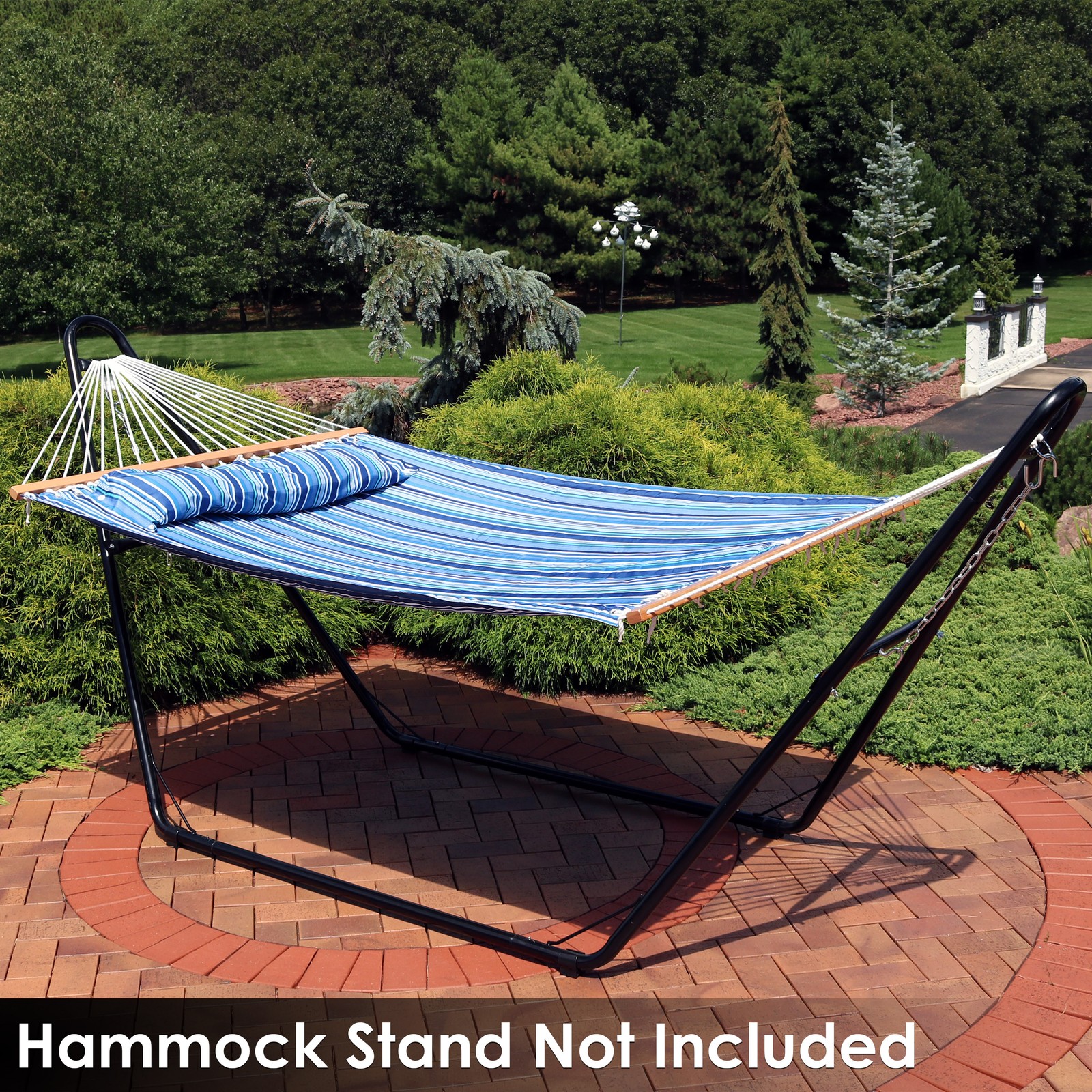 Large Quilted Hammock with Spreader Bar and Pillow - Blue Stripe by Sunnydaze