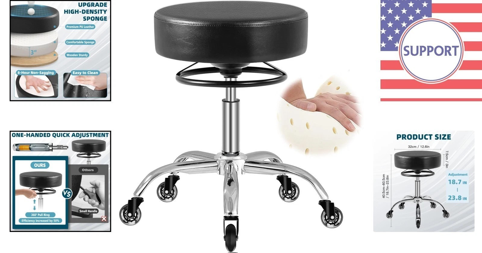 PU Leather Rolling Stool - 400lbs Capacity, Perfect for Tattoo & Beauty Studios