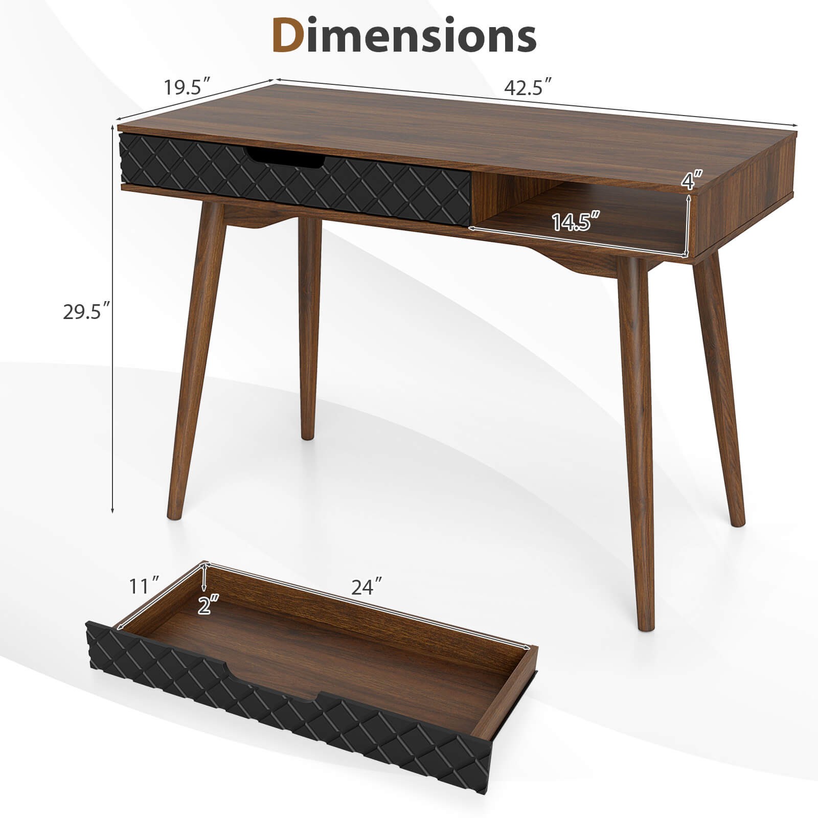Mid-Century Modern Computer Desk w/ Drawer & Open Compartment,Rubber Wood Legs