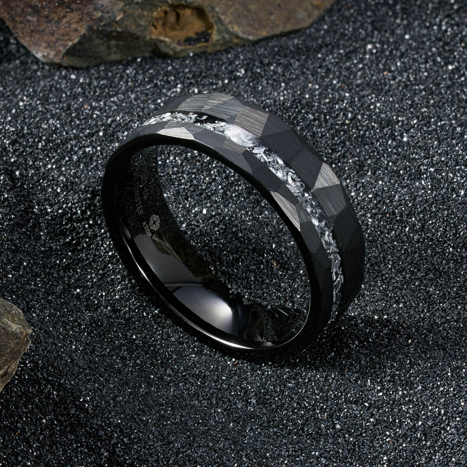 8mm Black Meteorite Tungsten Ring Sliver Line Mens Wedding Band ATOP Jewelry