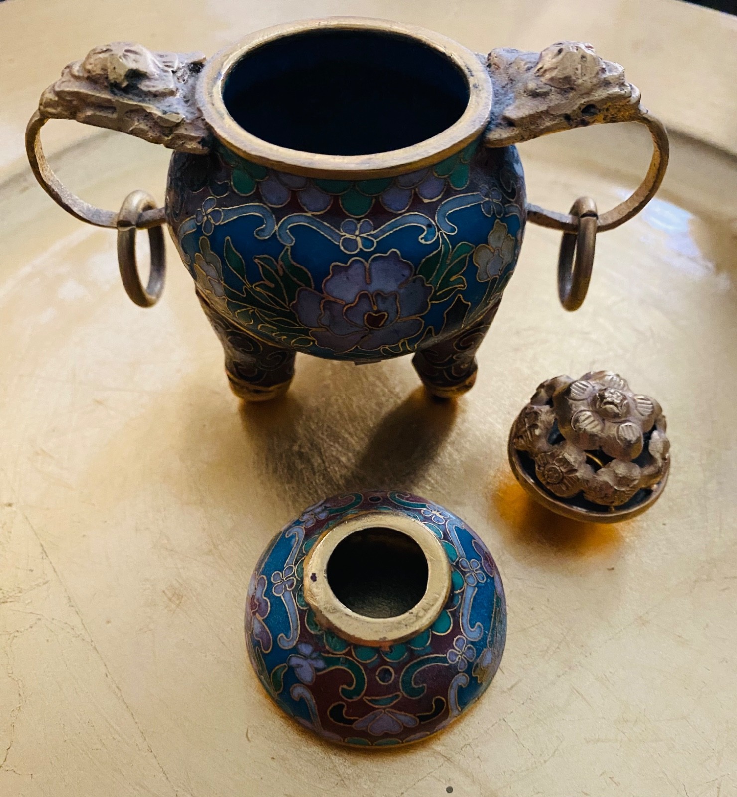 Vintage Chinese Incense Burner Cloisonne Enamel Gilt Bronze with Handles