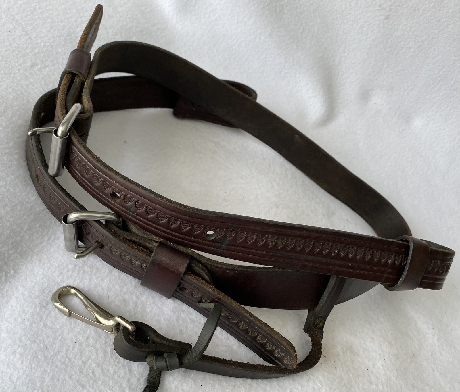 CIRCLE Y Shell TOOLED Walnut Leather Back Flank Cinch & Billet SET~LIGHTLY USED