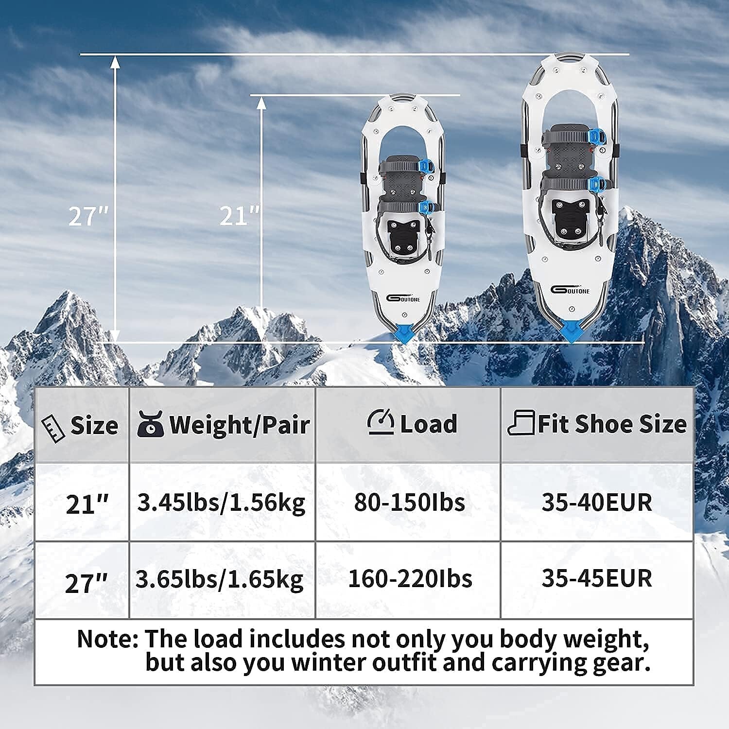 Goutone 21/27 Inches Light Weight Snowshoes for Men and Women. Fully Adjustable