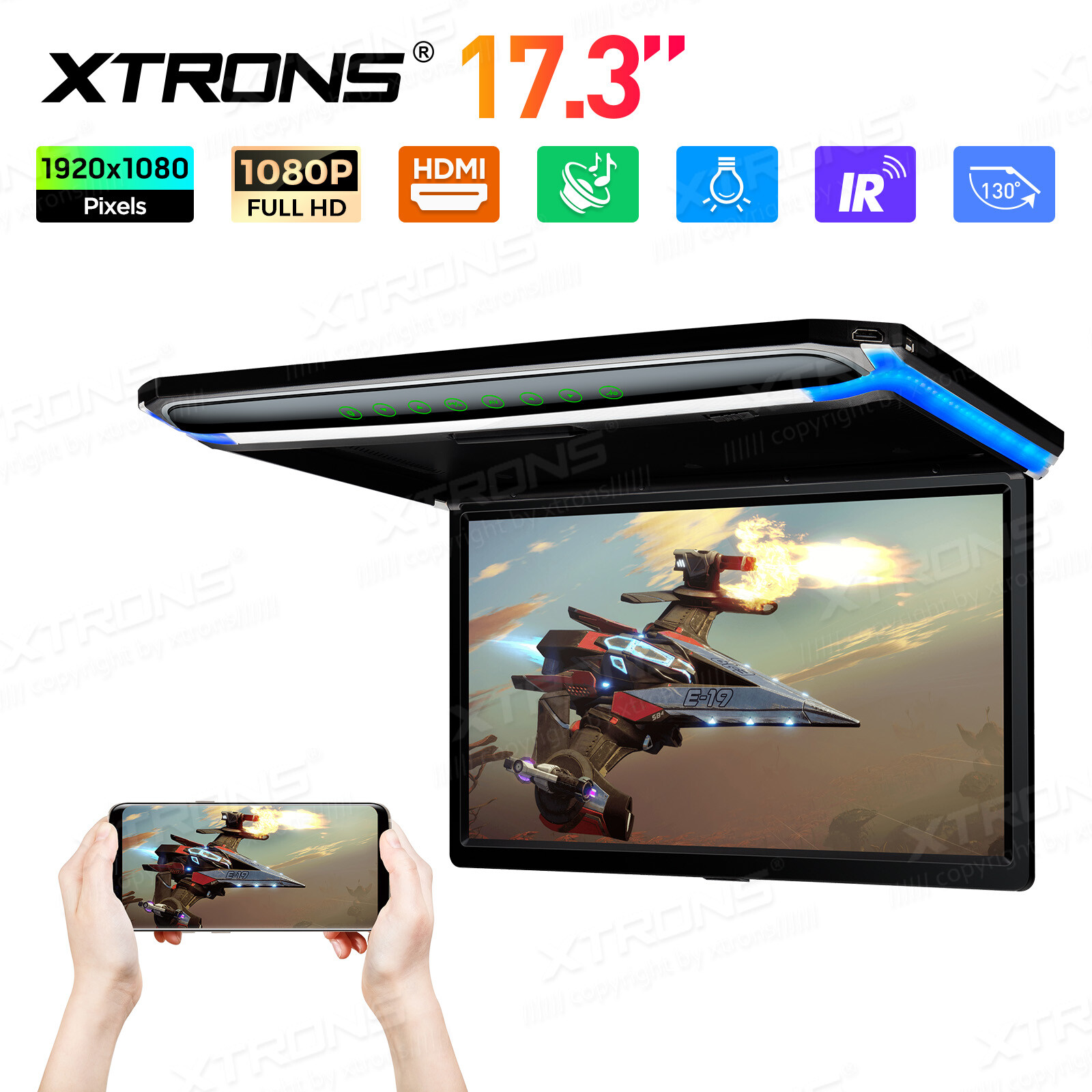 17.3" Car Overhead Ceiling Roof Mount Monitor Flip Down 1080P Video HDMI Player