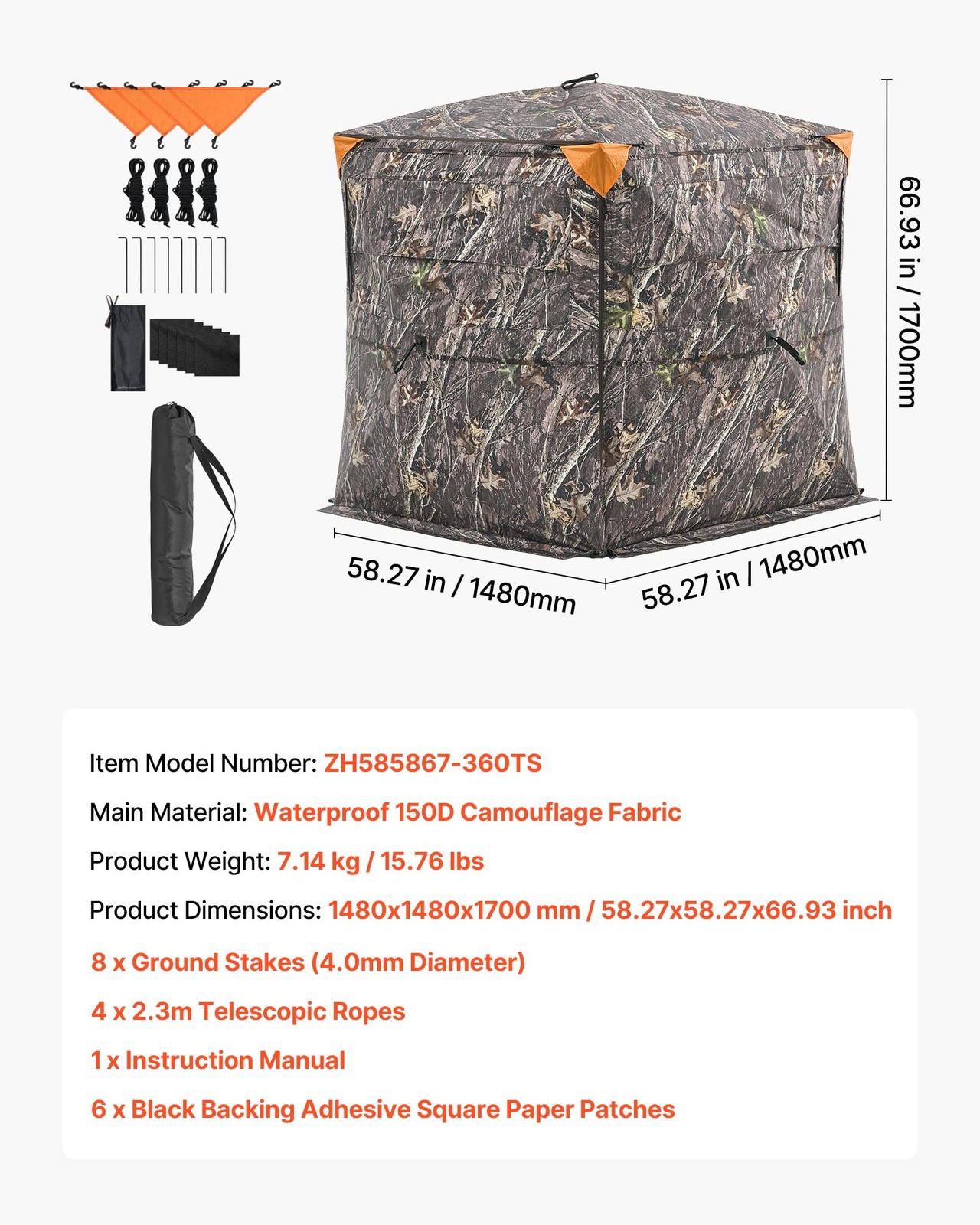 VEVOR Portable Hunting Blind See Through Ground Deer Blinds 2-3 Person Carrying
