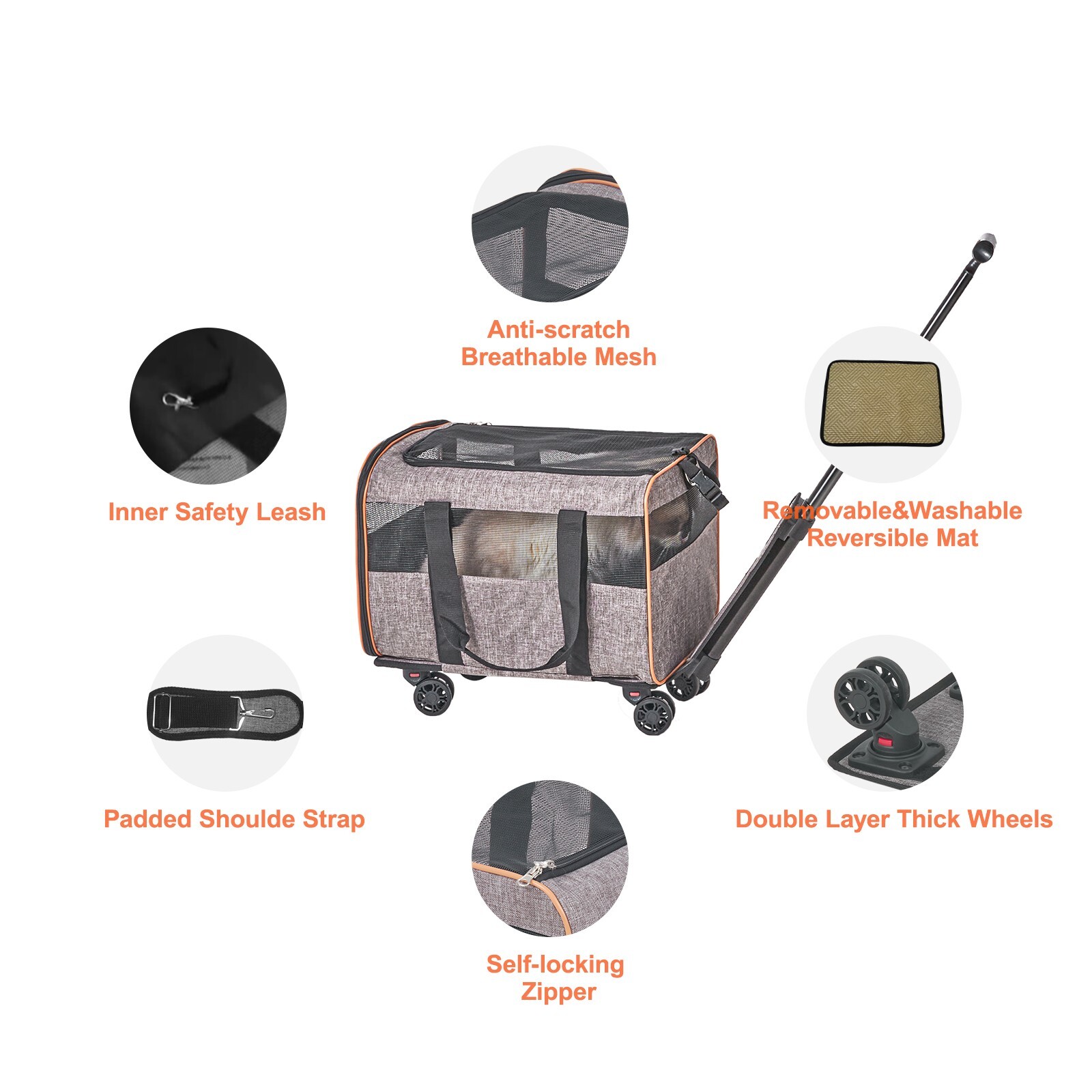 Cat Carrier with Wheels Airline Approved Rolling Pet Carrier 22 lbs Grey