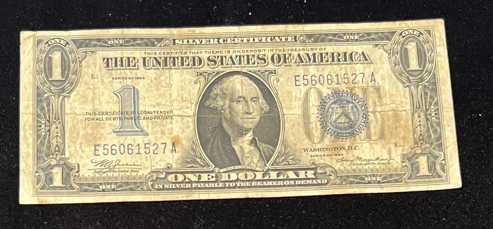 1934 $1  Dollar Bill Funny Back,  Silver Certificate Blue Seal Note