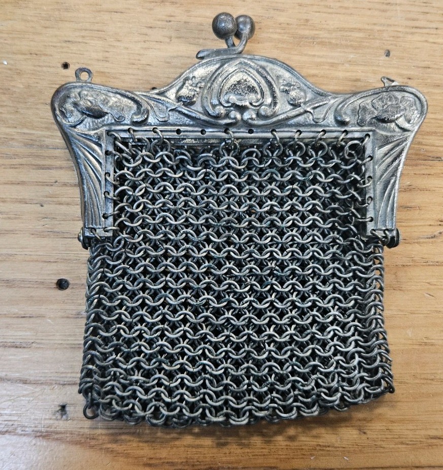 Vintage Ornate German Silver Numbered & Engraved Metal Mesh Purse Missing Chain