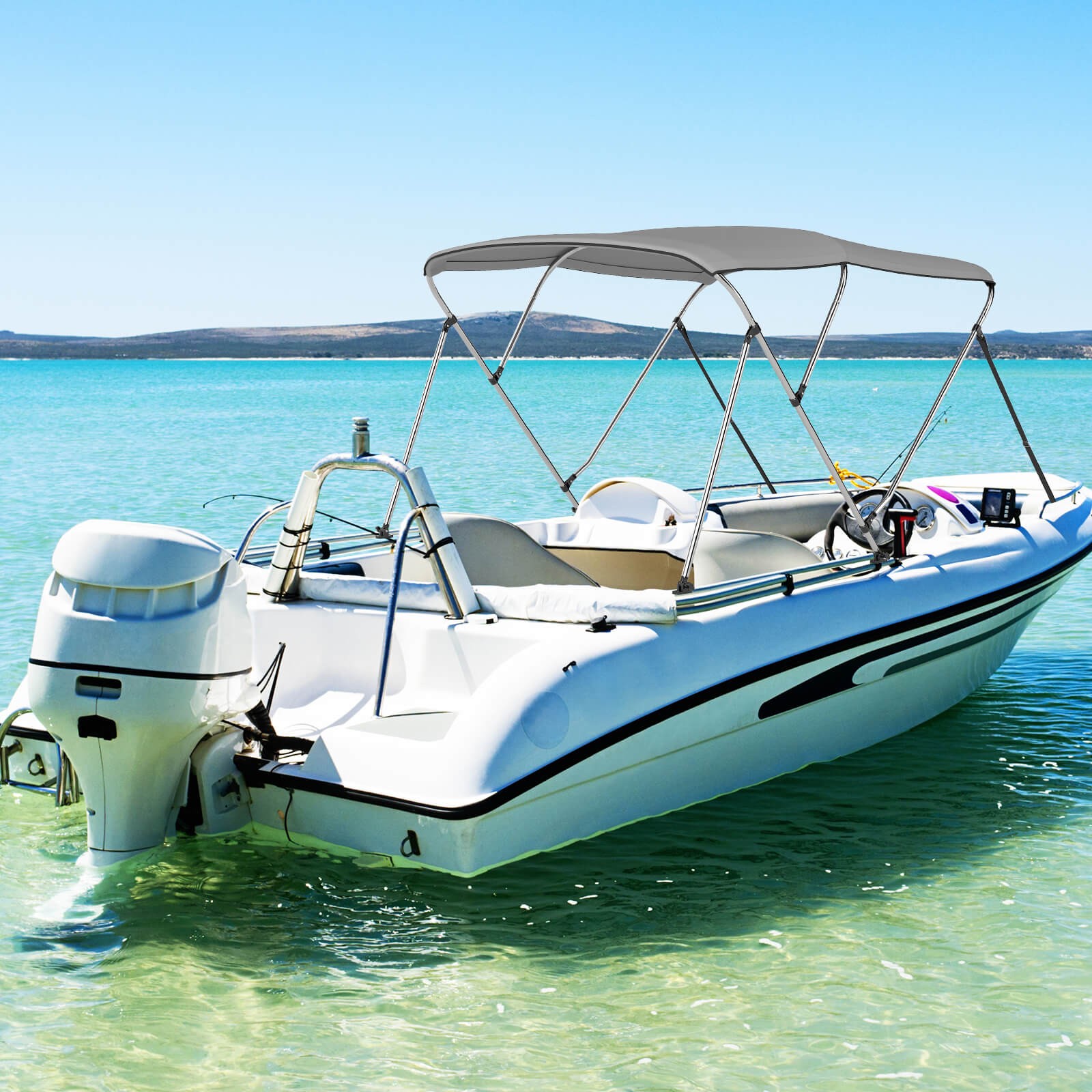 GOPLUS 3-Bow Boat Bimini Top Sun Shade Boat Canopy w/ Storage Boot Straps