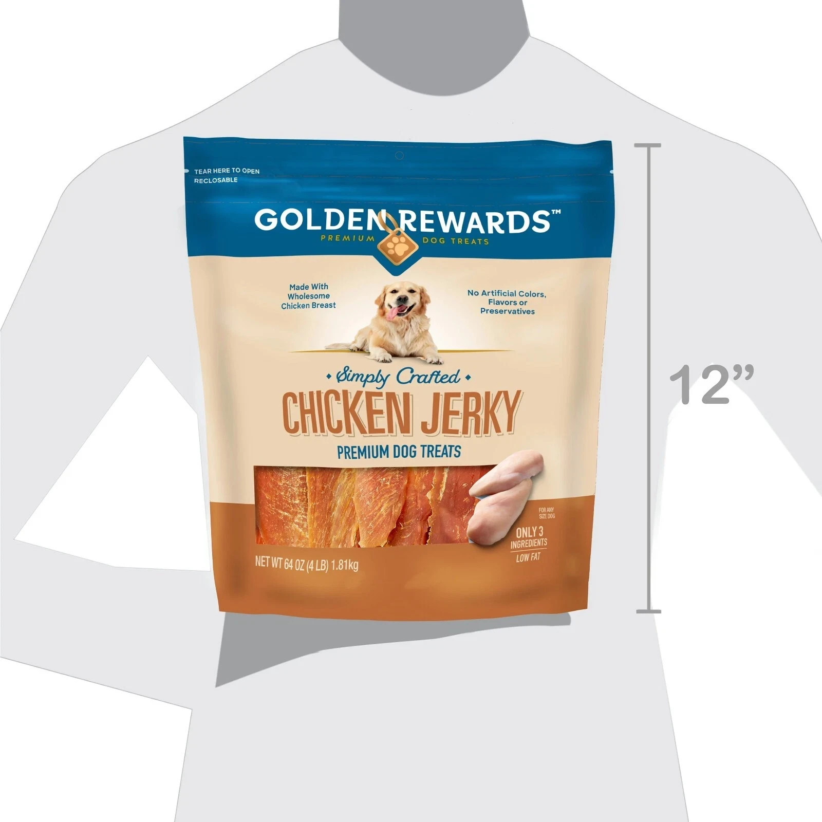 Golden Rewards Chicken Flavor Premium Dry Jerky Treats for All Dogs, 64 oz