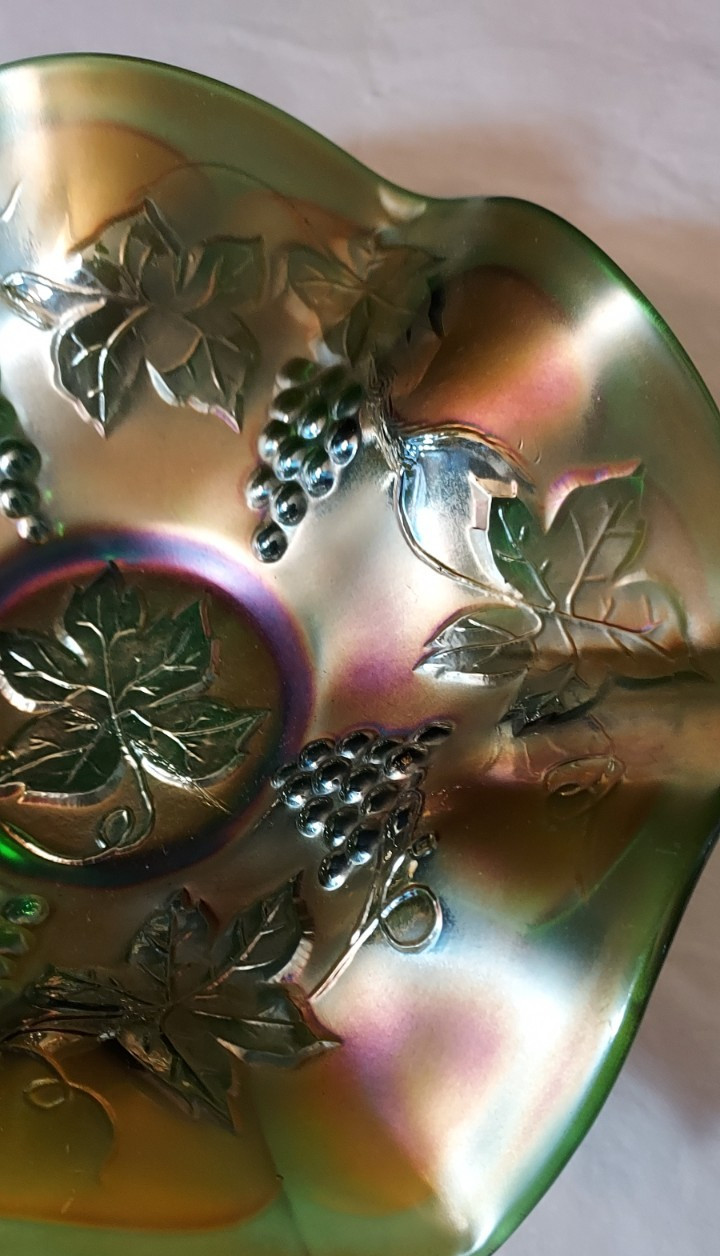 Fenton Grape and Leaves Green Iridescent Carnival Glass Bowl 1911-1918
