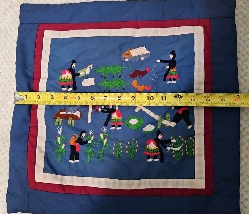 Hmong Story Cloth Embroidered Textile Animals Folk Art Handmade Pillowcase 16x15