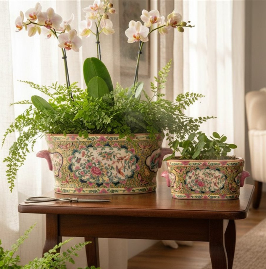 Vintage Style Chinese Rose Medallion Footbath Planter-14.5'' x 6.5''H