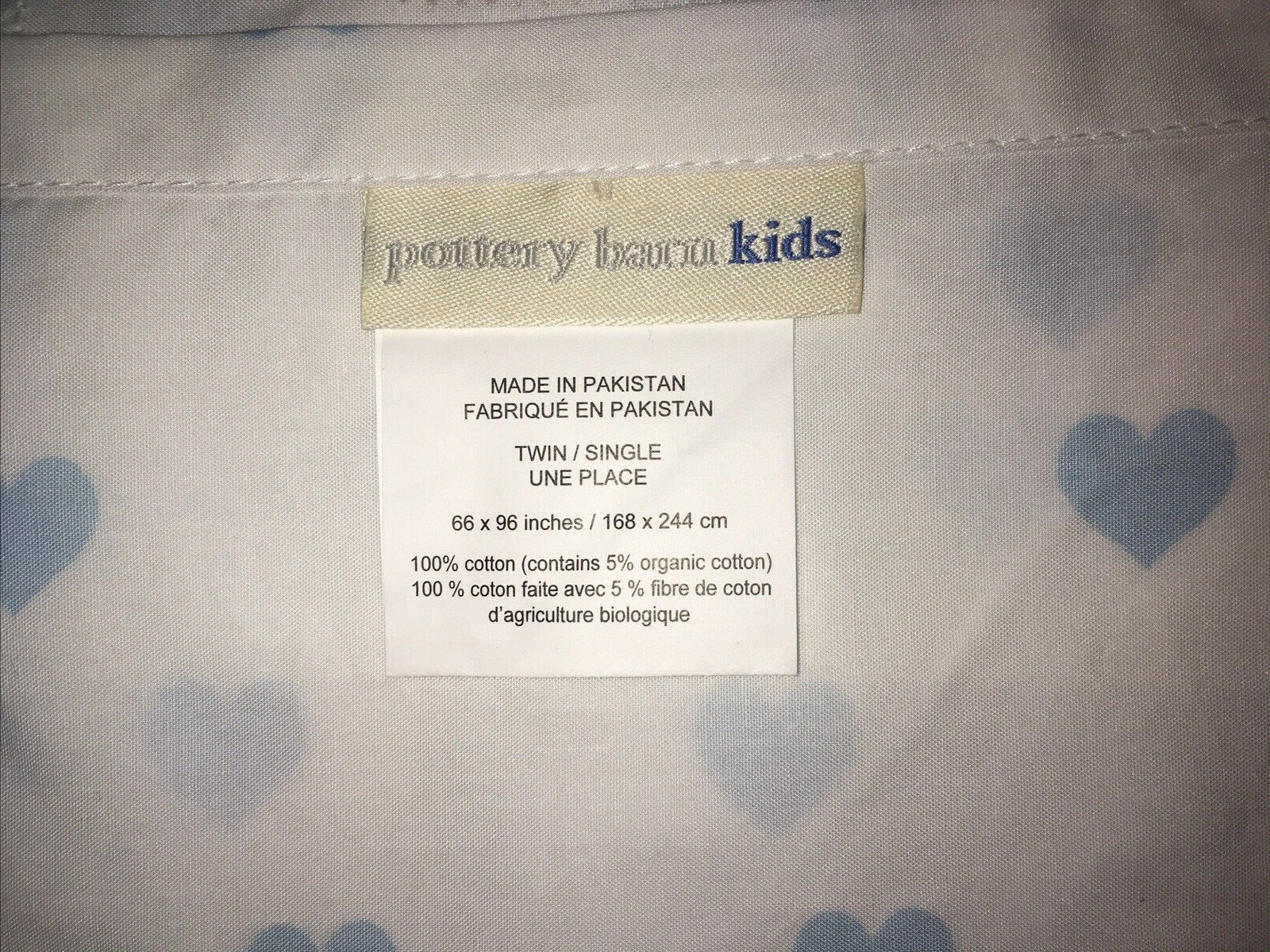 Pottery Barn Kids Organic Heart Twin Flat Sheet Blue & White Whimsical Cotton