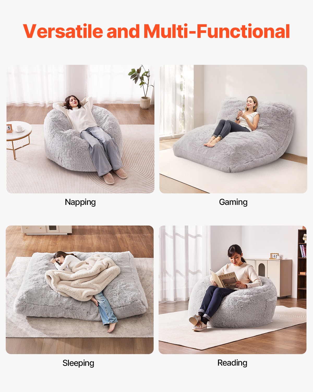 VEVOR Bean Bag Bed Chair Convertible from Chair to Lounge or Mattress Grey-Queen