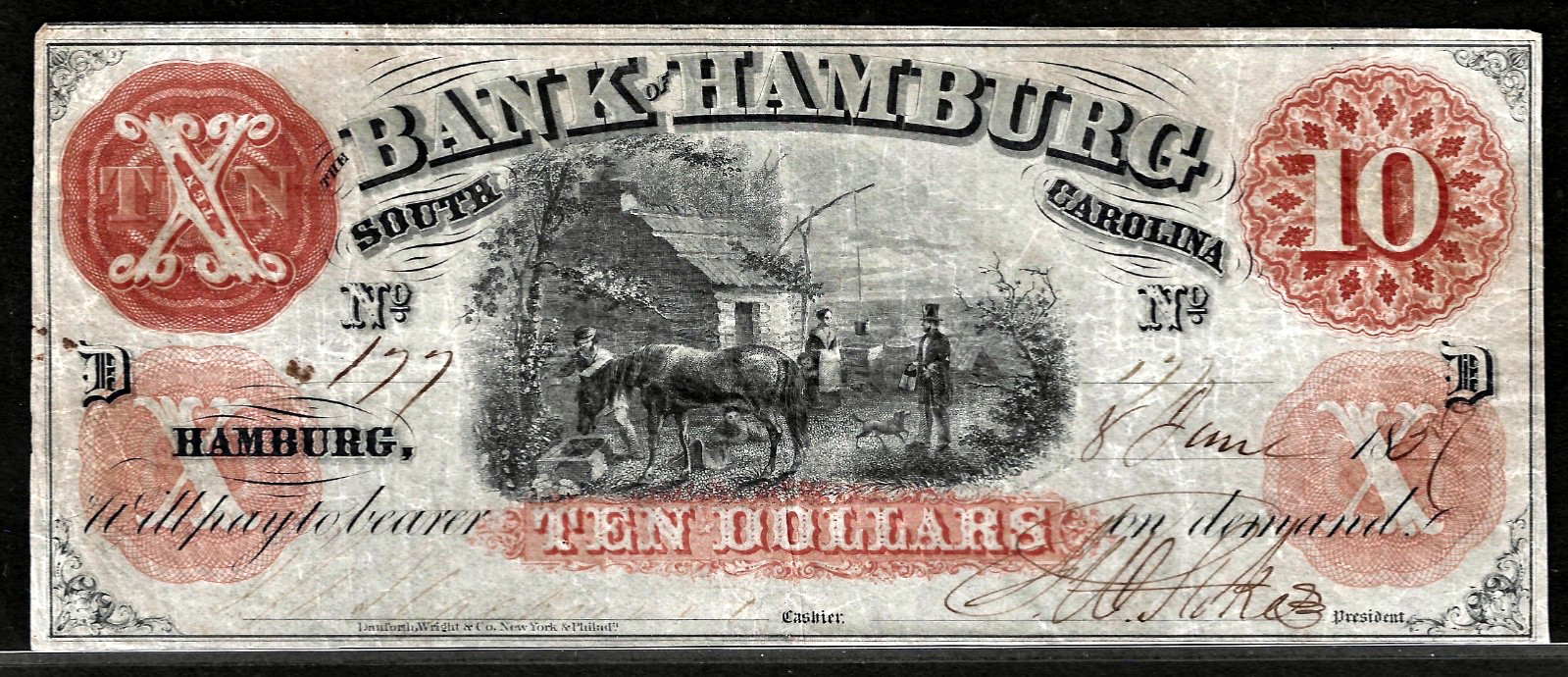 June 8, 1857 South Carolina Bank Of Hamburg $10 Dollar Obsolete Note S/N 177