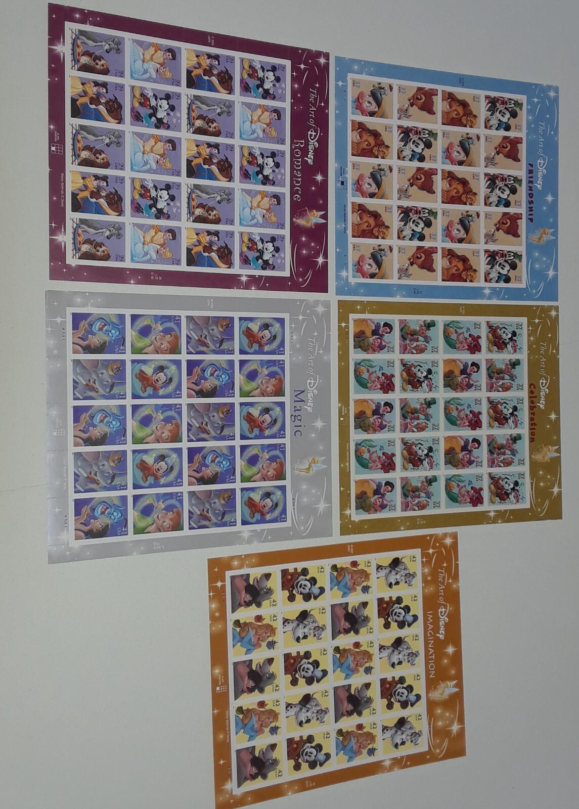 THE ART OF DISNEY Complete Set of 5 Differnt Full Sheets of 20 US Stamps 2004-08