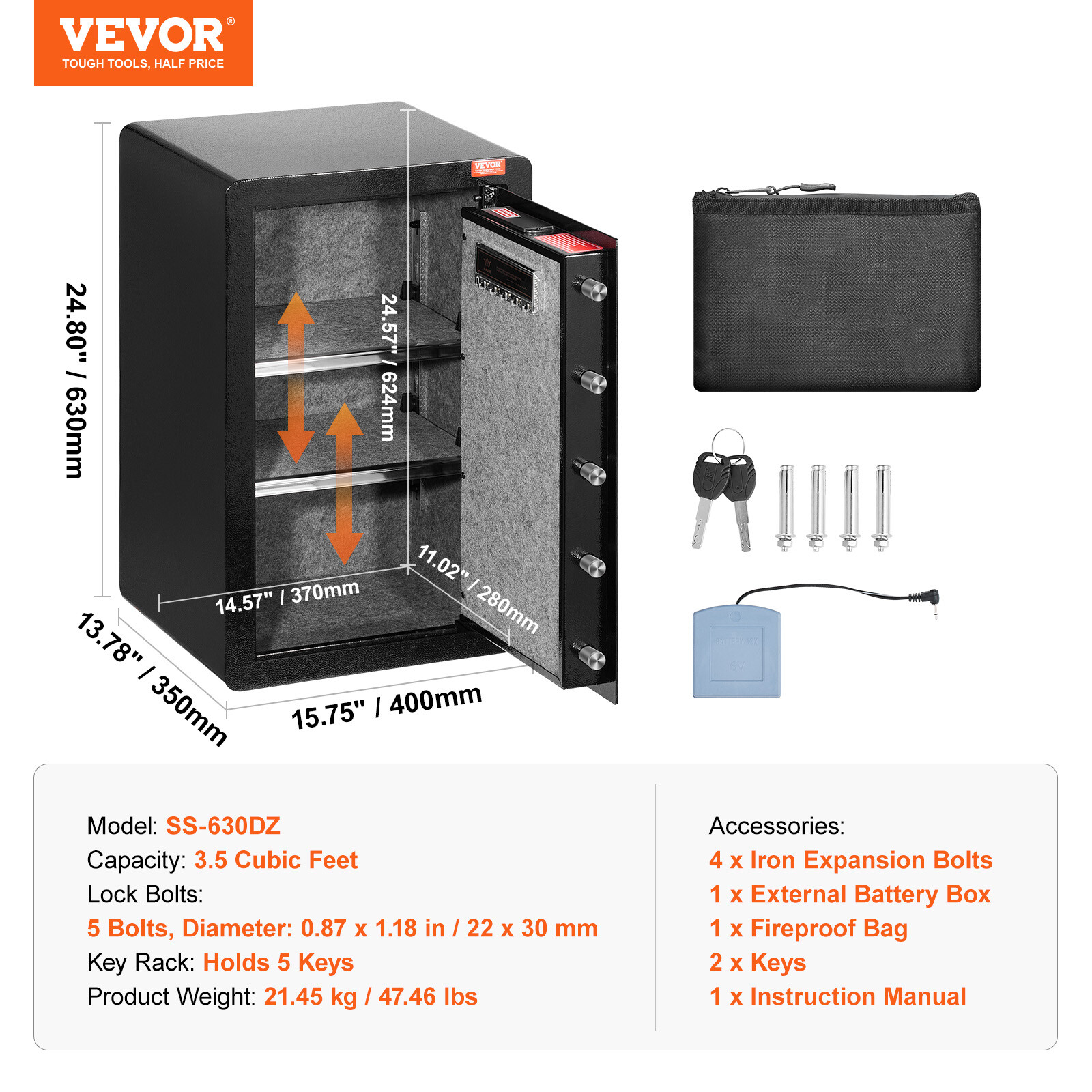 VEVOR Single Door 3.5 cu.ft Safe Box with Key Lock & Password LED Light Black