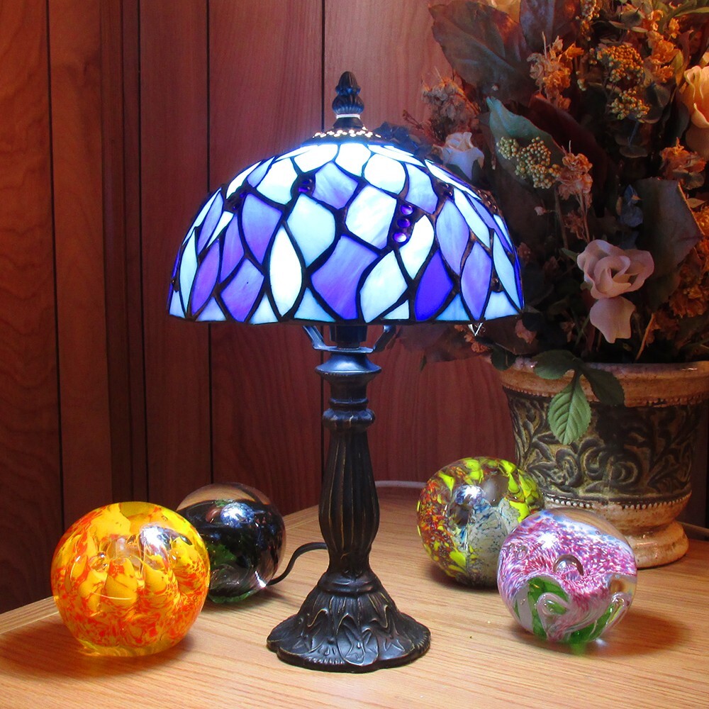 Blue Pedestal Genuine Stained Glass Table Lamp w/ Satin Bronze Finish Base