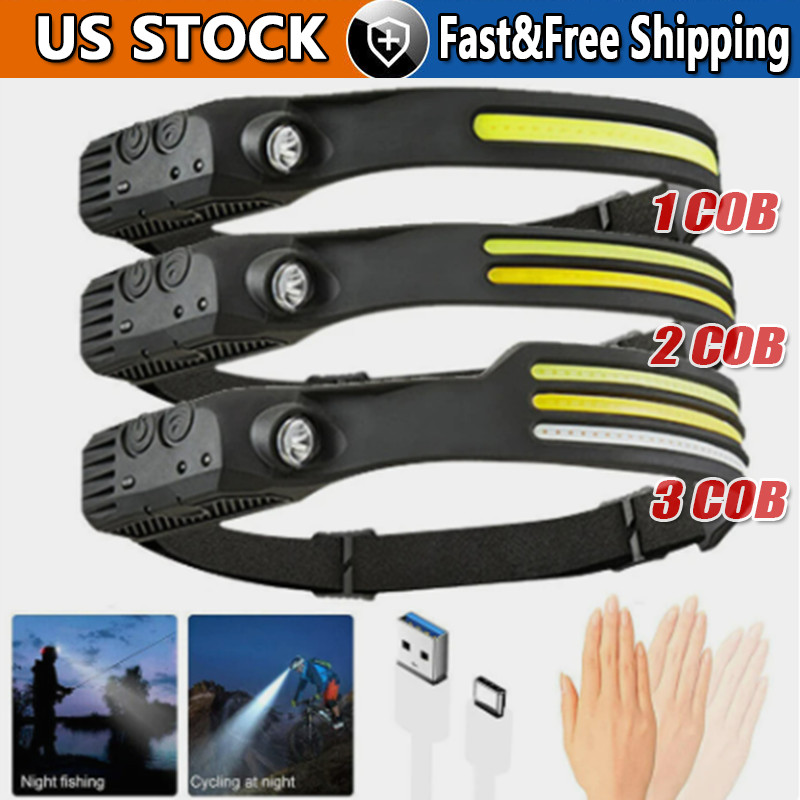 COB LED Headlamp USB Rechargeable Headlight Bar Head Band Torch Work Light 6000K