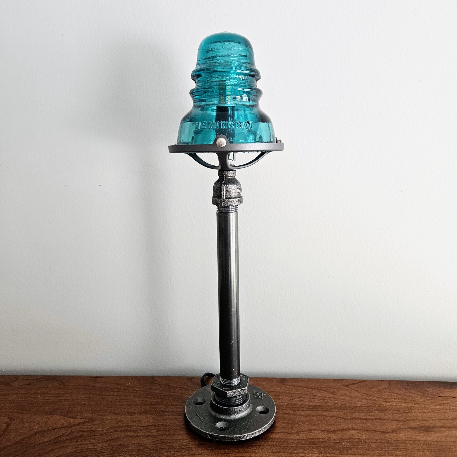 Glass Insulator and Industrial Pipe Table Lamp. Steampunk Lamp.