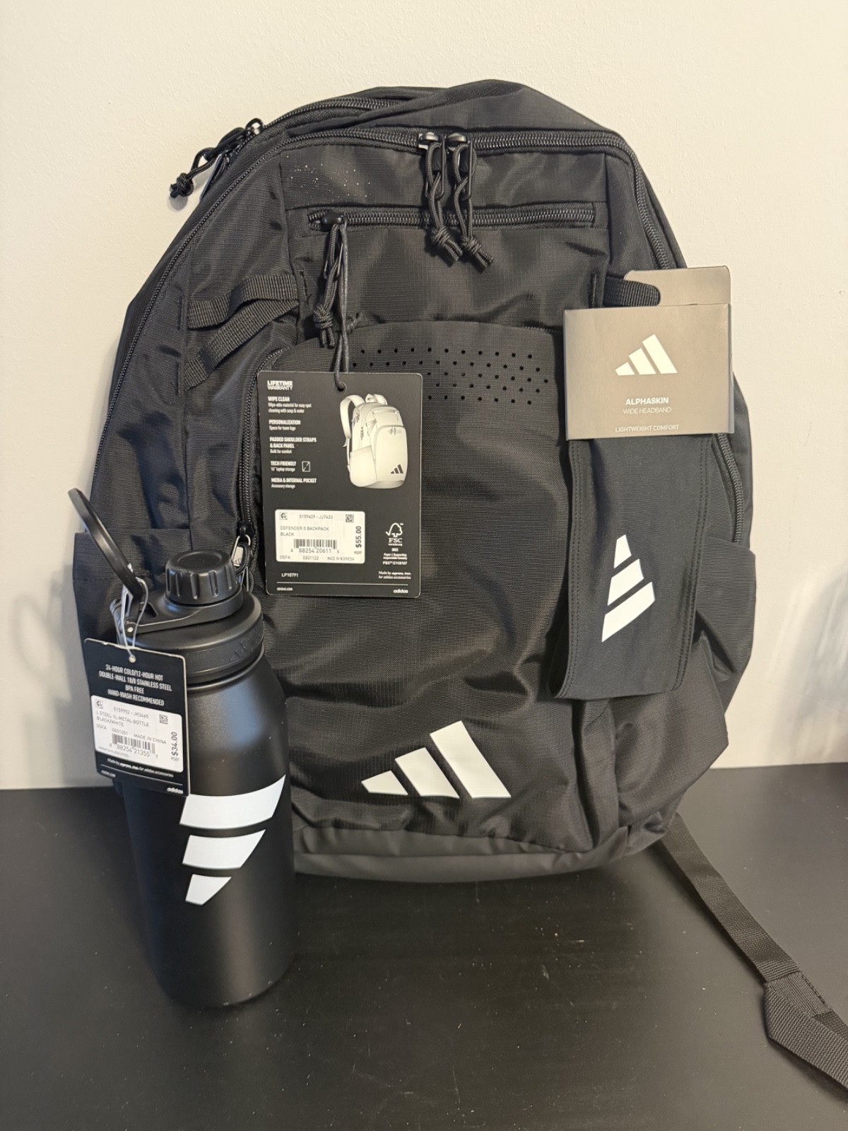 Adidas 3 Piece Bundle Backpack 34oz Water Bottle Alphaskin Headband Retail $107