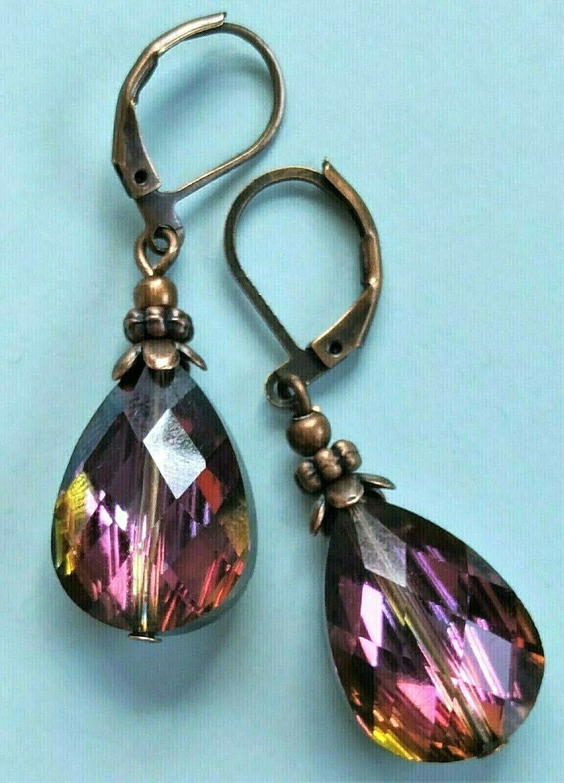 colorized BURGUNDY BLACK pear drop crystal earring COPPER LEVERBACK handmade XX