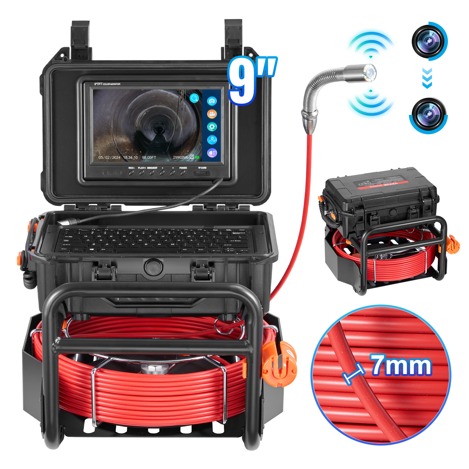 9" Sewer Camera 98 ft/30m Self-Leveling Drain Camera with 512Hz Transmitter