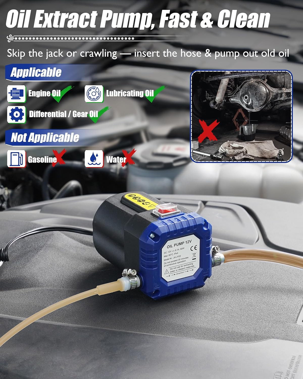 Oil Extractor Pump 12V, Electric Engine Oil Pump, Oil Transfer Pump W/ Overcurre