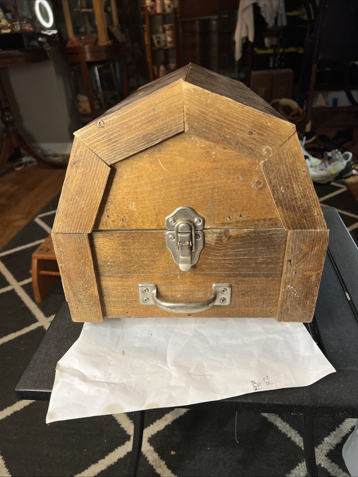 VINTAGE TOOLBOX HAND-MADE WOOD HEXAGON SHAPE LOCK BOX WITH DOUBLE LOCKS +HANDLES