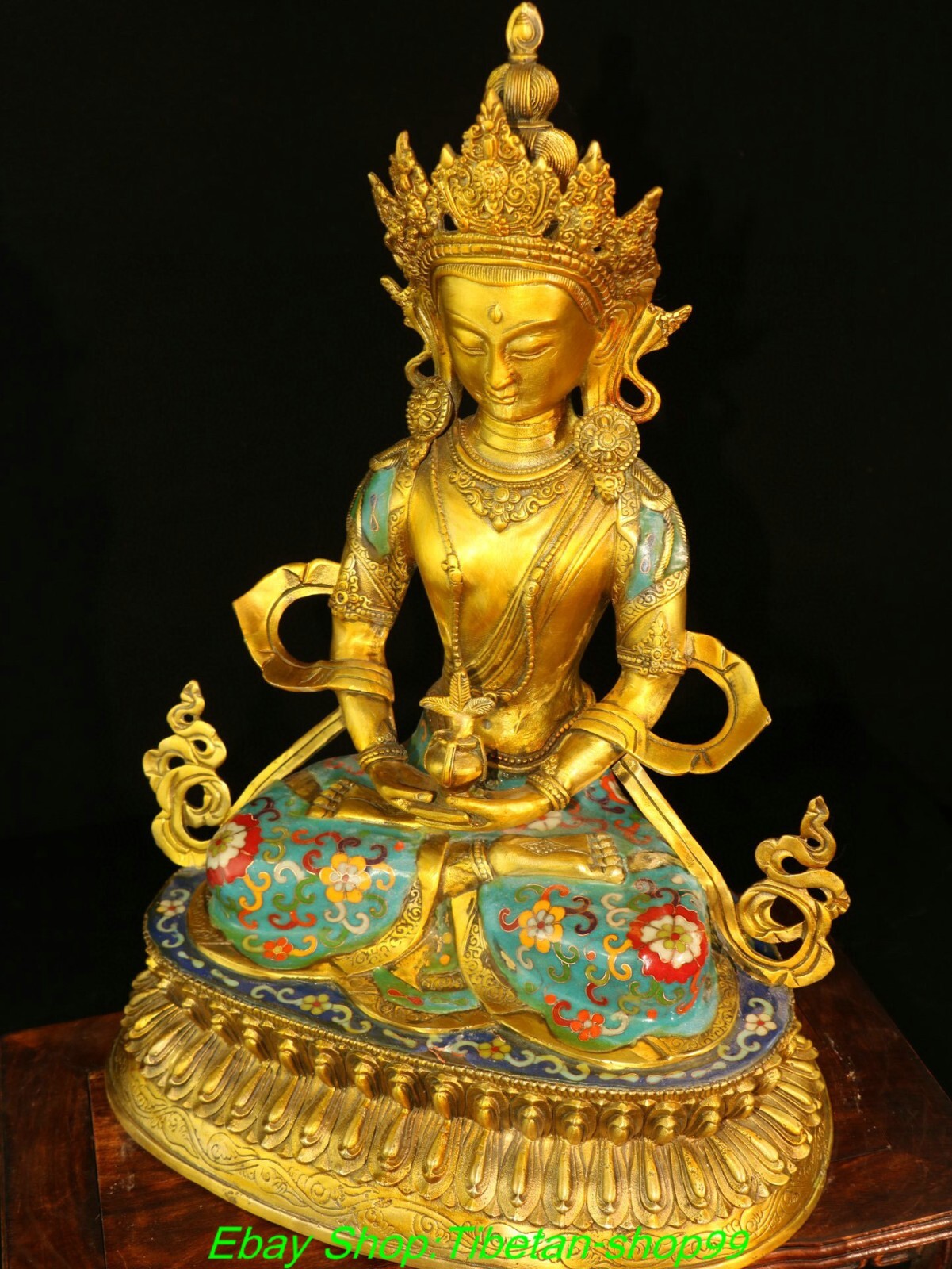 17.7" Old Bronze Cloisonne Enamel Gold Amitayus longevity God Goddess Statue