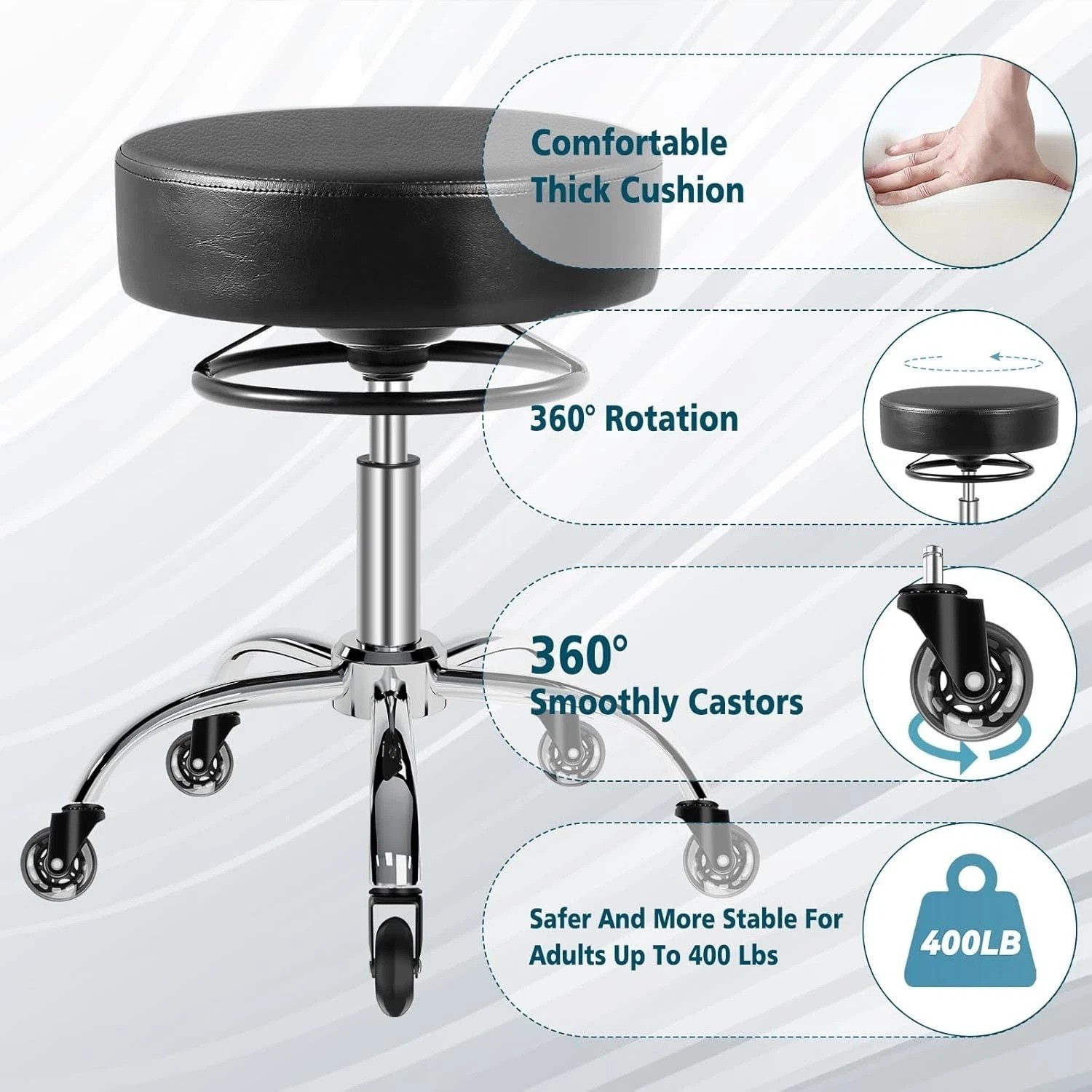 PU Leather Rolling Stool - 400lbs Capacity, Perfect for Tattoo & Beauty Studios