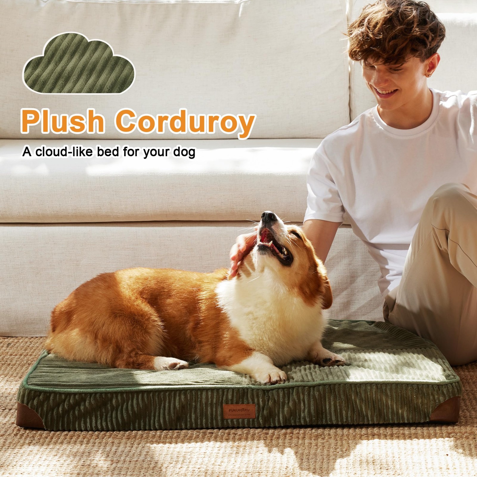 FUKUMARU Dog Bed Thickened Corduroy Orthopedic Beds with Washable Cover, Large