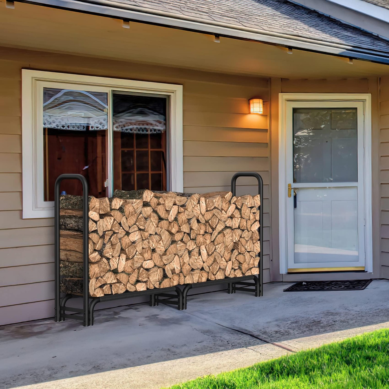 8FT Firewood Rack Outdoor with Fabric Mesh for Storing Logs of Various Size, ...